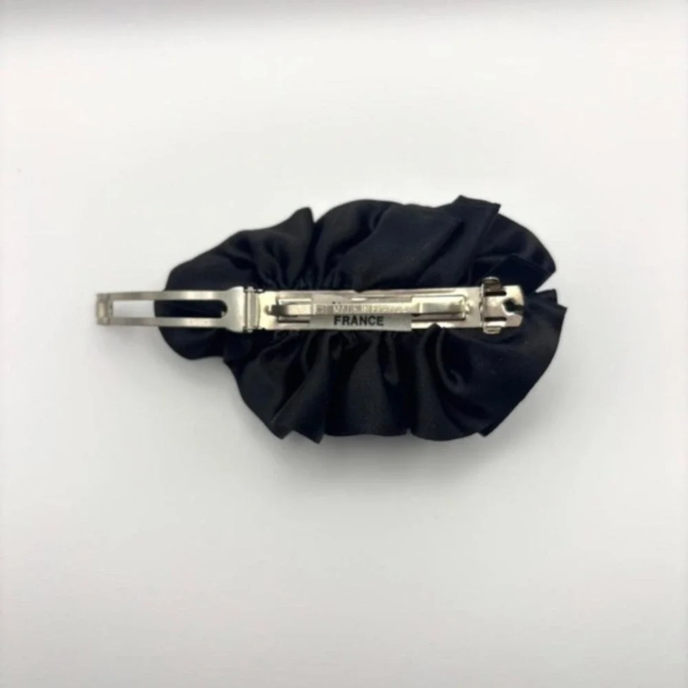 Vintage Made in France Black Ruffled Satin Peony Floral Style Hair Clip Barrette
